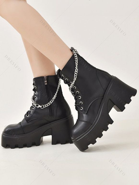 Chain Decor Chunky Sole Black British Style Martin Boots Punk Short Motorcycle Boots - Noir EU 42