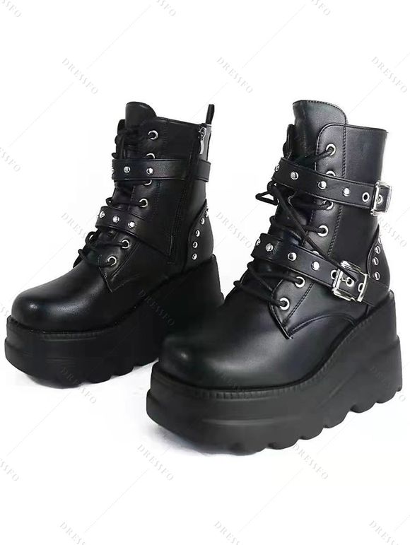 Gothic Chain Detail Chunky Sole Fashionable Double Buckle Straps Zipper Boots - Noir EU 43