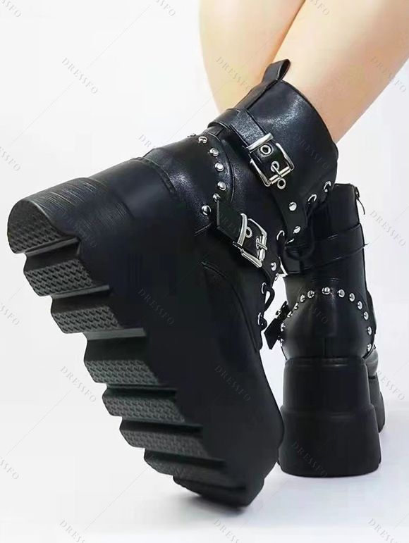 Gothic Chain Detail Chunky Sole Fashionable Double Buckle Straps Zipper Boots - Noir EU 39