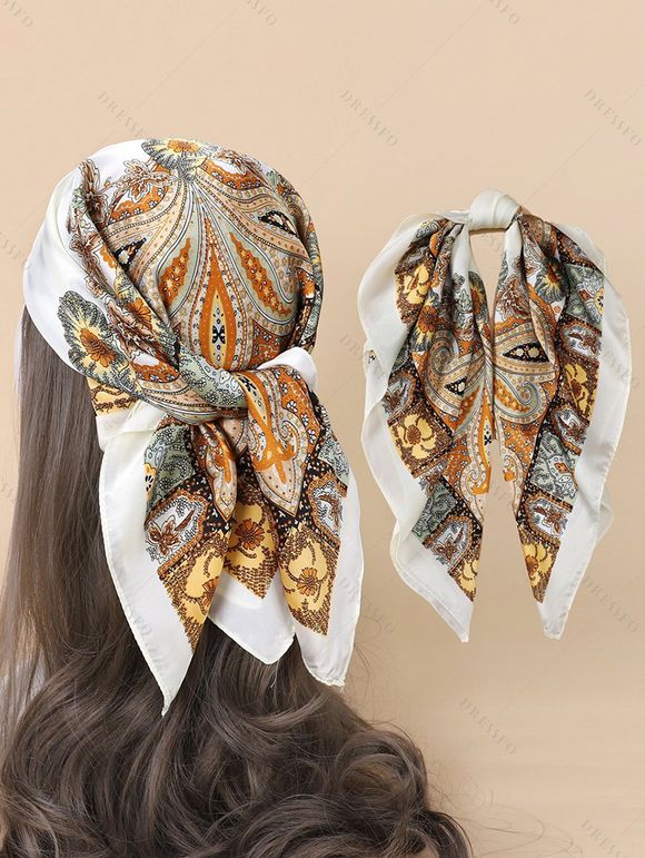 Foulard Carré Accessoire de Cheveux en Fausse Soie Cachemire Imprimé - Blanc 