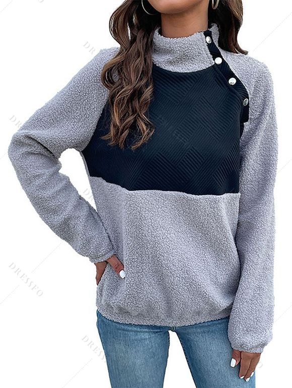 Haut Boutonné en Couleur Contrastée Manches Raglan à Col Montant - Gris Foncé XL | US 10