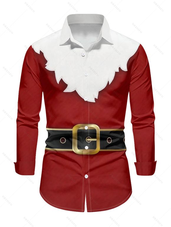 Chemise Manches Longues Décontractée à Imprimé Ceinture et Boutons de Noël pour Hommes - Rouge foncé 3XL