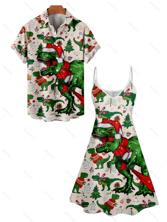 Christmas Tree Snow Dinosaur Scarf Print V Neck Spaghetti Strap Dress and Roll Up Sleeve Shirt Outfit - Blanc S | US 4