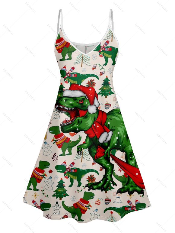 Christmas Tree Snow Dinosaur Scarf Print V Neck Spaghetti Strap Dress and Roll Up Sleeve Shirt Outfit - Blanc S | US 4