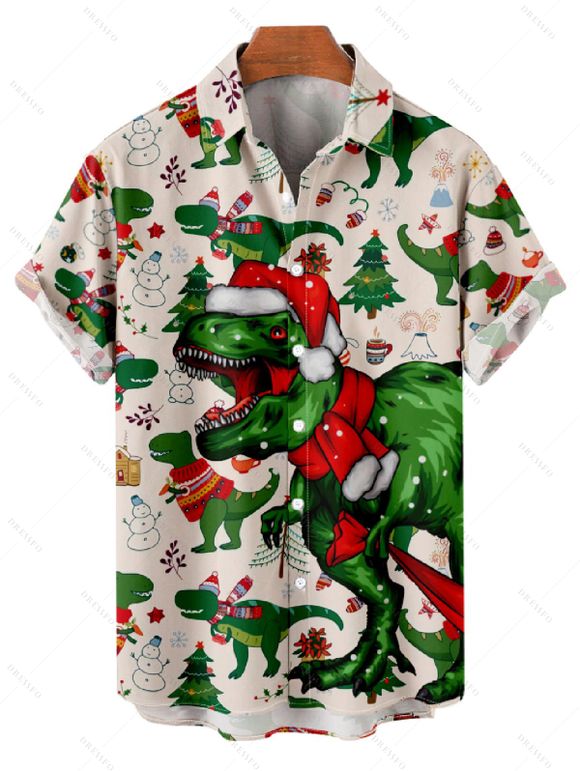 Christmas Tree Snow Dinosaur Scarf Print V Neck Spaghetti Strap Dress and Roll Up Sleeve Shirt Outfit - Blanc S | US 4