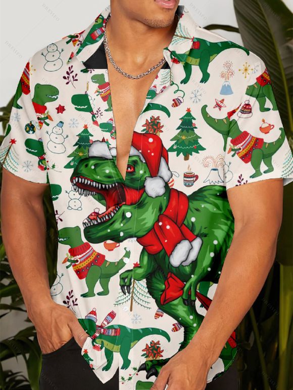 Christmas Tree Snow Dinosaur Scarf Print V Neck Spaghetti Strap Dress and Roll Up Sleeve Shirt Outfit - Blanc S | US 4