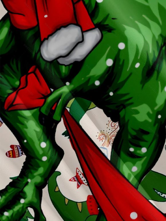 Christmas Tree Snow Dinosaur Scarf Print V Neck Spaghetti Strap Dress and Roll Up Sleeve Shirt Outfit - Blanc S | US 4