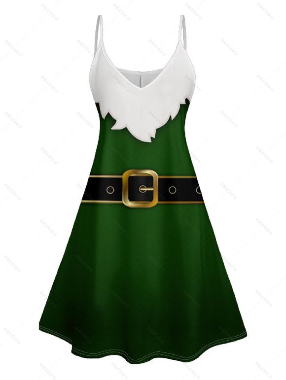 Christmas Belt Print Contrast V Neck Spaghetti Strap Dress and Roll Up Sleeve Shirt Outfit - Vert profond S | US 4