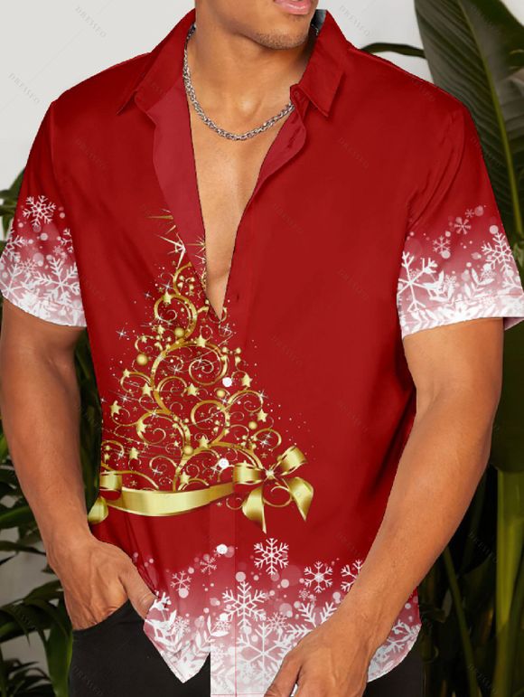 Chemise Décontractée Sapin de Noël et Neige Imprimés à Manches Roulées à Paillettes - Rouge S