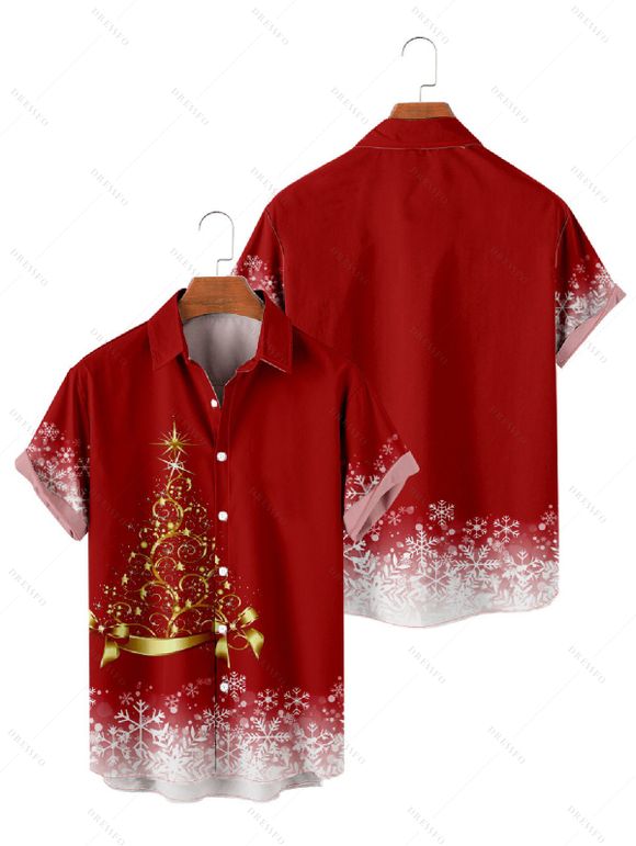 Chemise Décontractée Sapin de Noël et Neige Imprimés à Manches Roulées à Paillettes - Rouge S