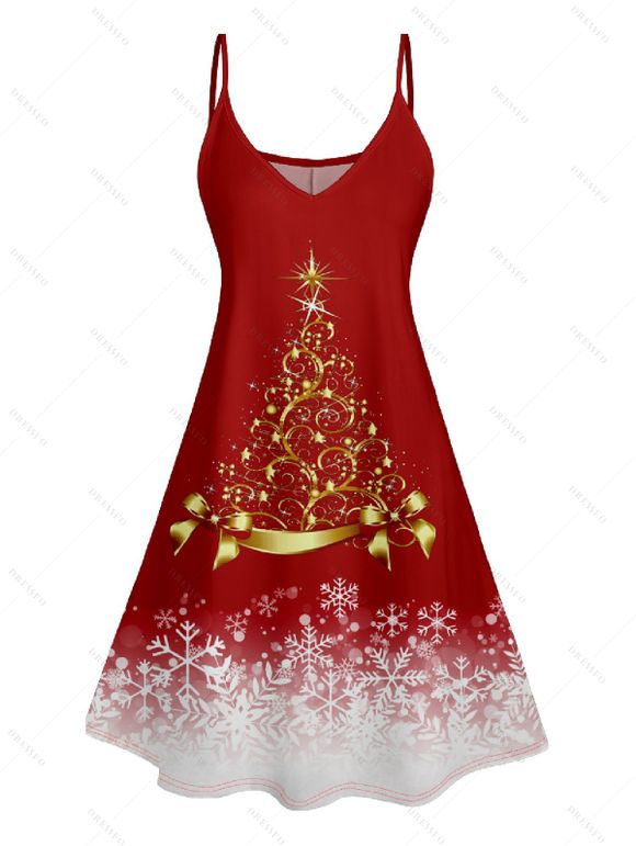 Robe D'Eté Ligne A Sapin de Noël Imprimé à Taille Haute sans Manches à Paillettes - Rouge S | US 4