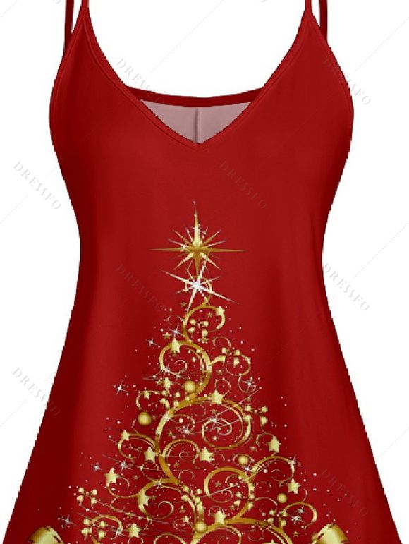 Robe D'Eté Ligne A Sapin de Noël Imprimé à Taille Haute sans Manches à Paillettes - Rouge XXXL | US 16