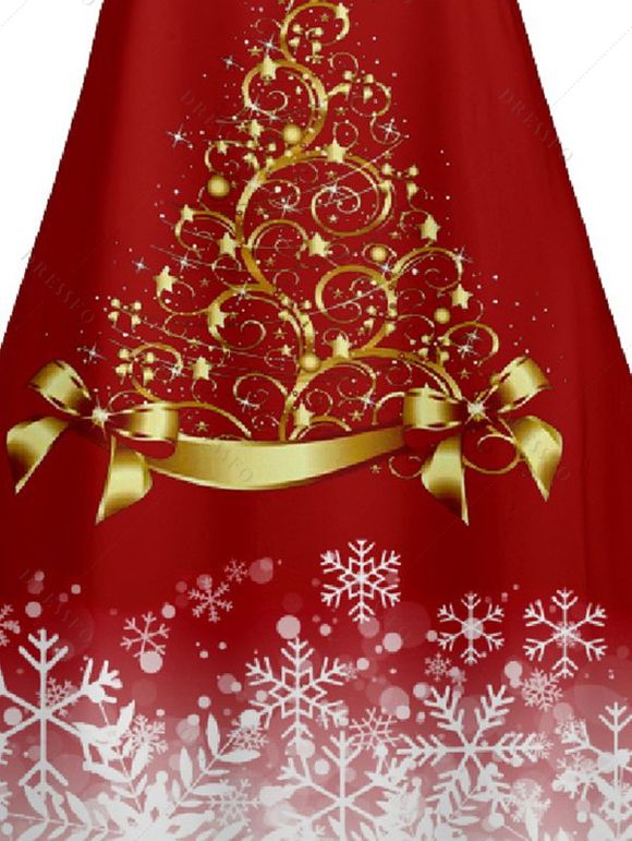 Robe D'Eté Ligne A Sapin de Noël Imprimé à Taille Haute sans Manches à Paillettes - Rouge XXXL | US 16