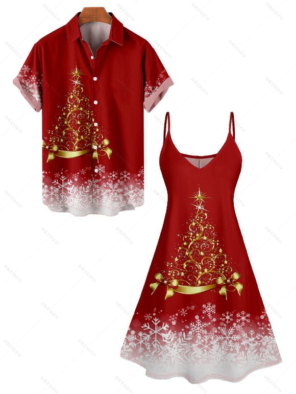 Christmas Snow Tree Glitter Print V Neck High Waist Spaghetti Strap Dress and Roll Up Sleeve Shirt Outfit - Rouge S | US 4