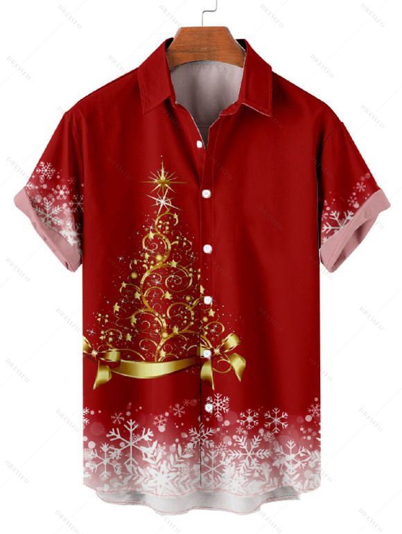 Christmas Snow Tree Glitter Print V Neck High Waist Spaghetti Strap Dress and Roll Up Sleeve Shirt Outfit - Rouge S | US 4