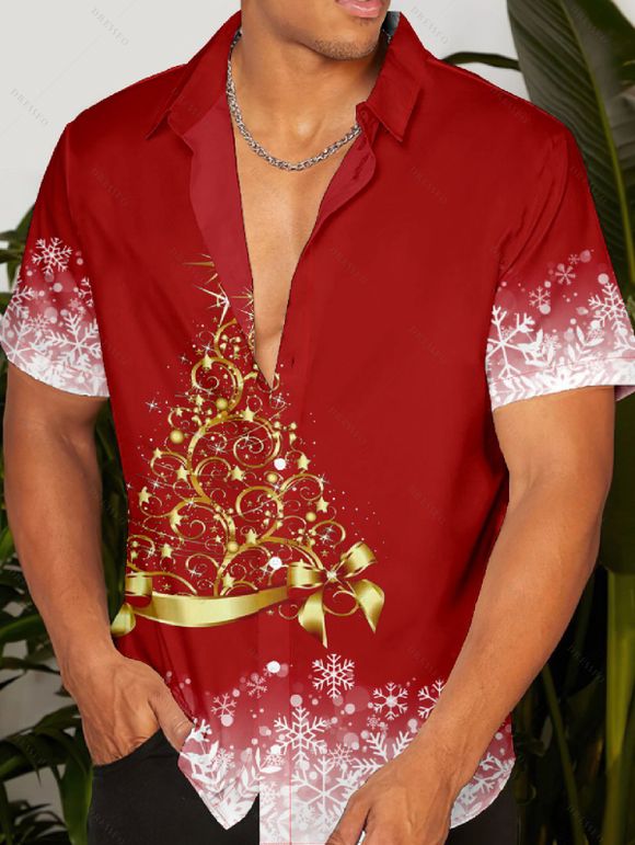 Christmas Snow Tree Glitter Print V Neck High Waist Spaghetti Strap Dress and Roll Up Sleeve Shirt Outfit - Rouge S | US 4