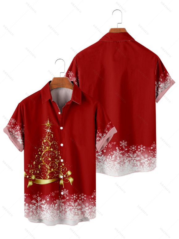 Christmas Snow Tree Glitter Print V Neck High Waist Spaghetti Strap Dress and Roll Up Sleeve Shirt Outfit - Rouge S | US 4