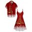 Christmas Snow Tree Glitter Print V Neck High Waist Spaghetti Strap Dress and Roll Up Sleeve Shirt Outfit - Rouge S | US 4