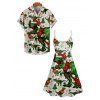 Christmas Tree Snow Dinosaur Scarf Print V Neck Spaghetti Strap Dress and Roll Up Sleeve Shirt Outfit - Blanc S | US 4