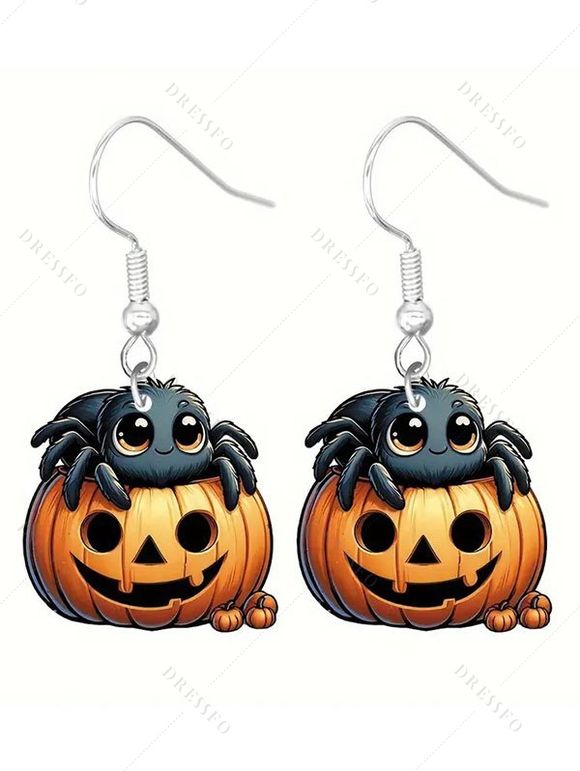 Boucles D'Oreilles D'Halloween Visage Citrouille et Araignée Design - multicolor B 