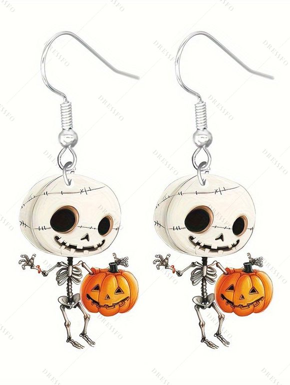 Boucles D'Oreilles Pendantes Motif Adorable Squelette et Citrouille de Dessin Animé pour Halloween - multicolor A 