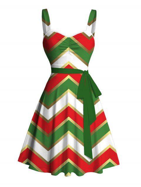 Robe de Fête Noël Froncée sur la Poitrine avec Col en Cœur Imprimé Chevron et Ceinture