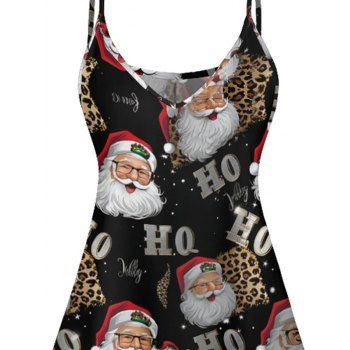 Christmas Santa Claus Print V Neck High Waist Spaghetti Strap Dress Sleeveless Summer A Line Cami Dress
