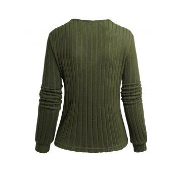 Solid Color V Neck Twist Ribbed Asymmetric Top Side Mock Button Decor Collar Long Sleeve Knit Top