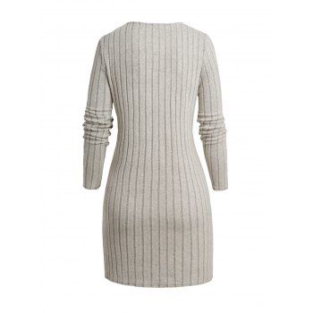 Solid Asymmetric Neck Ribbed Sweater Mock Button Women Sweater Dress