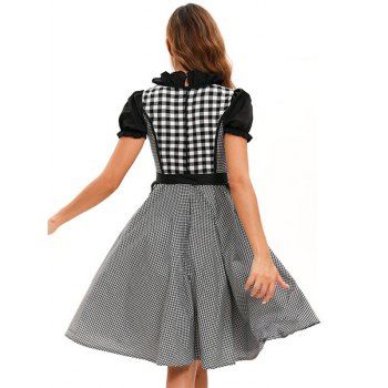 Vintage Plaid Print Patchwork Square Neck Traditional Dress – Ethic Style Layered Oktoberfest Maid Dirndl Dress