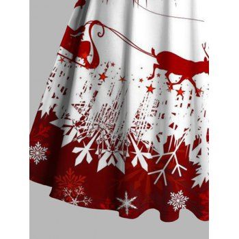 Christmas Snowflake Elk Sleigh Ride Print Crisscross Bowknot Belted Dress Long Sleeve High Waisted A Line Midi Dress