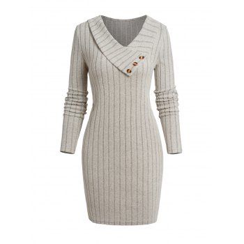 Solid Asymmetric Neck Ribbed Sweater Mock Button Women Sweater Dress 