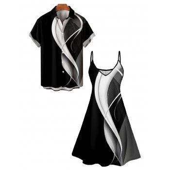 Abstract Lines Print V Neck High Waist Spaghetti Strap Dress and Roll Up Sleeve Shirt Outfit