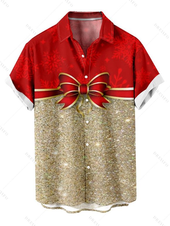 Chemise Décontractée Flocon de Neige et Nœud Papillon Imprimés Boutonnée à Manches Courtes à Paillettes pour Homme - Rouge XL