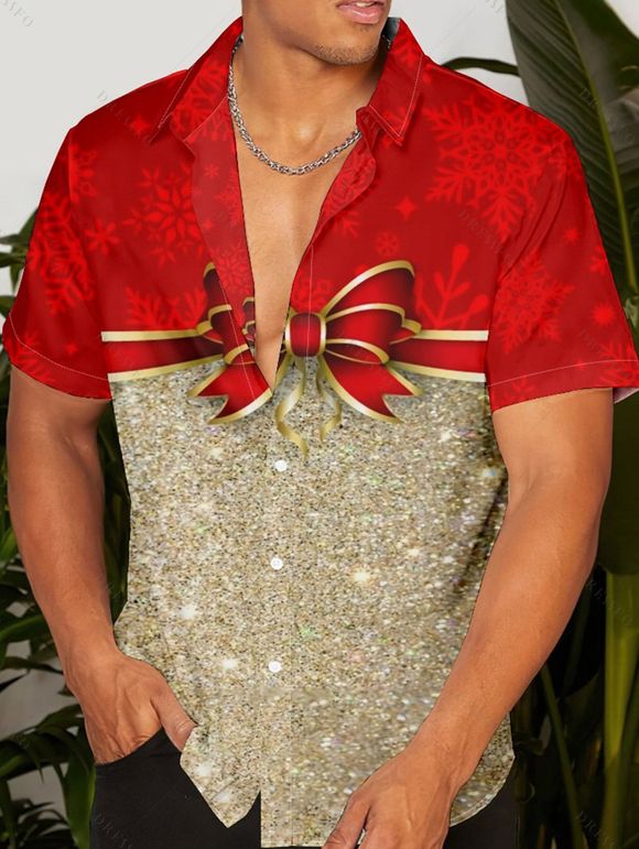 Chemise Décontractée Flocon de Neige et Nœud Papillon Imprimés Boutonnée à Manches Courtes à Paillettes pour Homme - Rouge XL