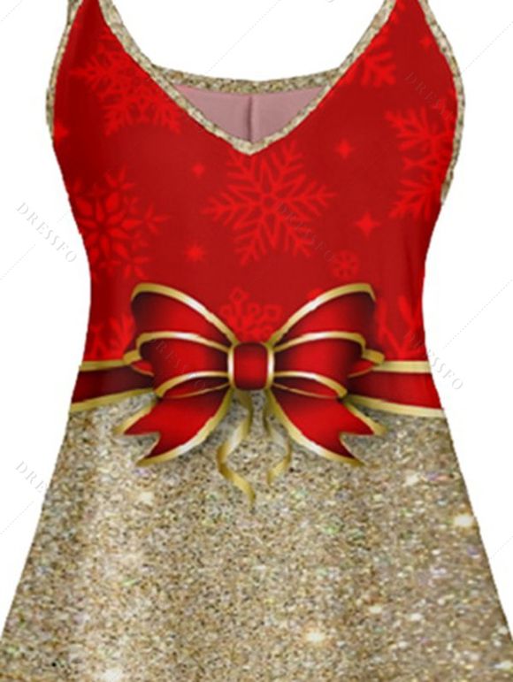 Robe Ligne A Epaule Dénudée en Couleur Contrastée à Bretelle Fine avec Nœud Papillon sans Manches à Paillettes - Rouge XL | US 12