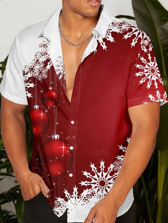 Chemise Décontractée Flocon de Neige de Noël Imprimé Boutonnée à Manches Courtes - Rouge S