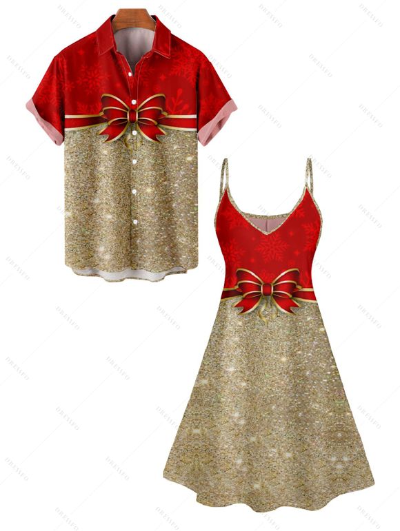 Christmas Bowknot Sequin Print V Neck Spaghetti Strap Dress and Roll Up Sleeve Shirt Outfit - Rouge S | US 4