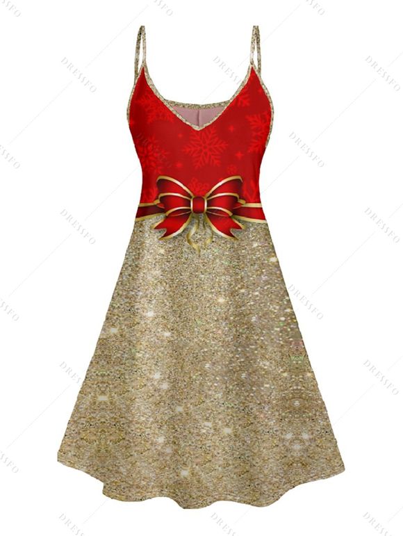Christmas Bowknot Sequin Print V Neck Spaghetti Strap Dress and Roll Up Sleeve Shirt Outfit - Rouge S | US 4
