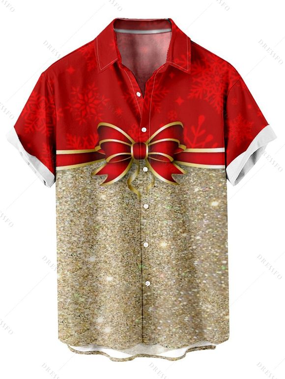Christmas Bowknot Sequin Print V Neck Spaghetti Strap Dress and Roll Up Sleeve Shirt Outfit - Rouge S | US 4