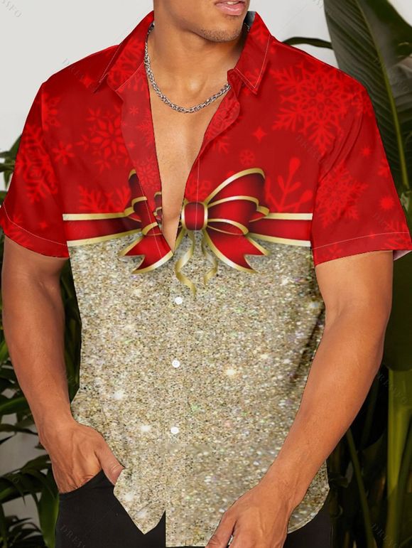 Christmas Bowknot Sequin Print V Neck Spaghetti Strap Dress and Roll Up Sleeve Shirt Outfit - Rouge S | US 4