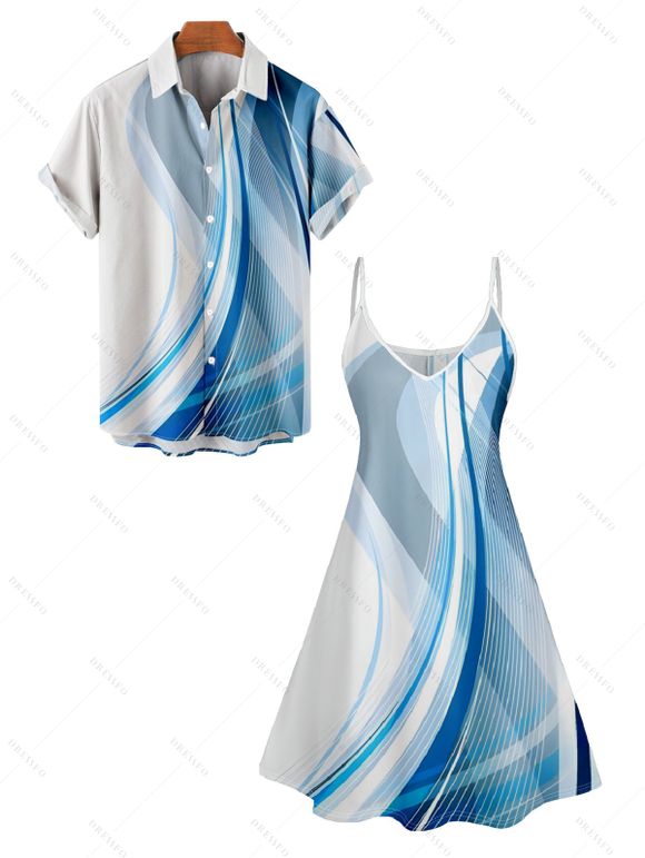 Abstract Lines Print V Neck High Waist Spaghetti Strap Dress and Roll Up Sleeve Shirt Outfit - Bleu clair S | US 4