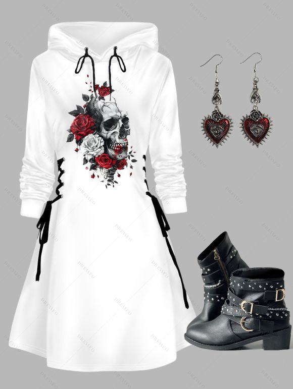 Rose Skull Print Drawstring Hoodie and Zip Up Chunky Heel Punk Boots Heart Rose Rivet Drop Earrings Outfit - Blanc S | US 4