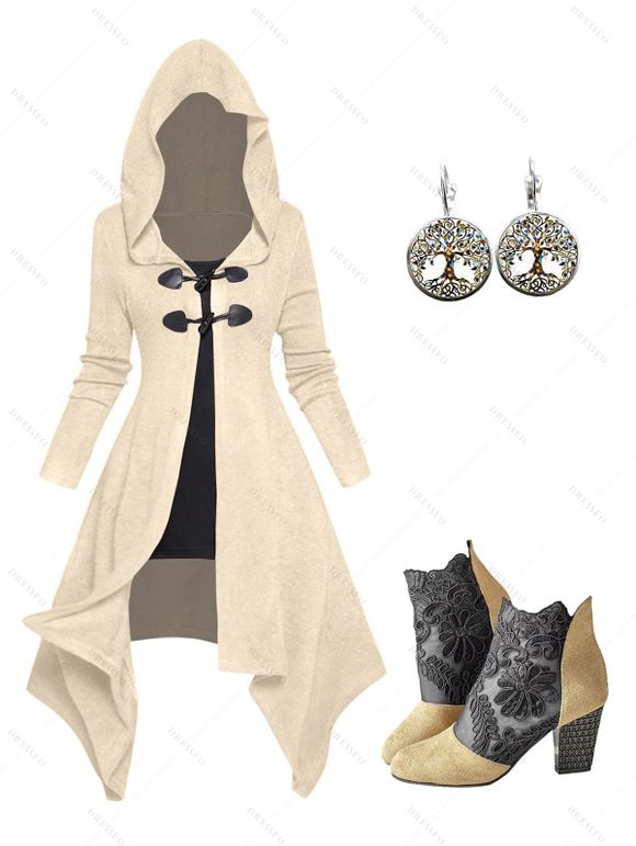 Asymmetric Longline Hooded Knit Faux Twinset Top and Zip Fly Outdoor Sandals Life Tree Drop Earrings Outfit - café lumière S | US 4