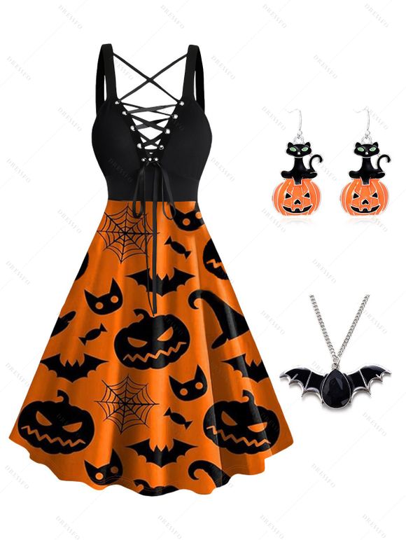 Halloween Pumpkin Face Spider Web Bat Hat Print Dress and Chain Pendant Necklace Gothic Drop Earrings Outfit - Orange S | US 4