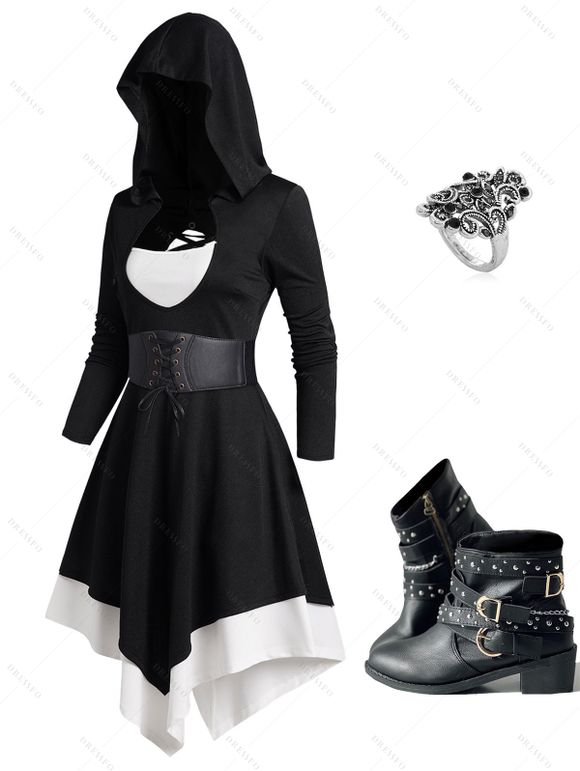 Gothic Colorblock Cut Out Lace Up Hooded Dress and Zip Up Chunky Heel Punk Boots Retro Artificial Crystal Rings Outfit - Noir S | US 4