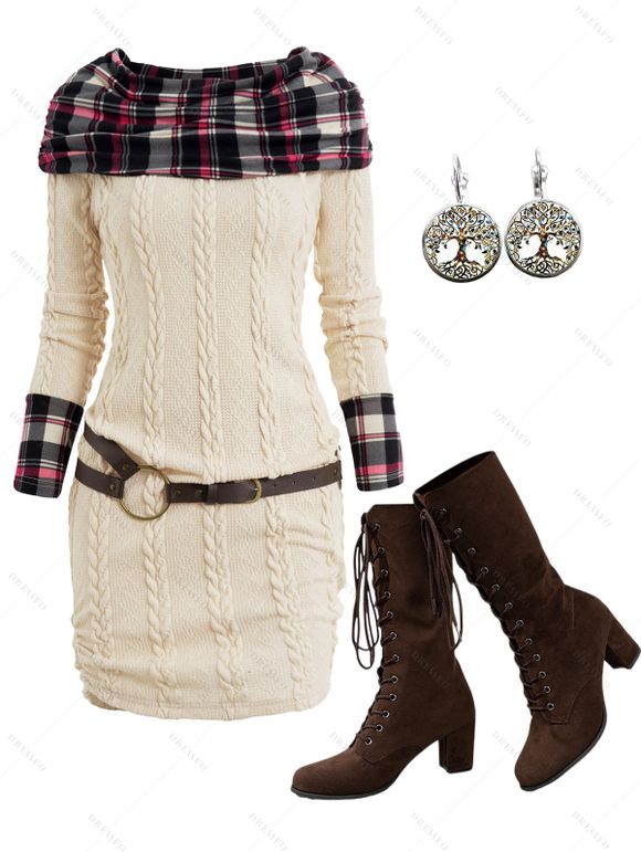 Plaid Panel Cable Knit Belted Sweater Dress and Chunky Heel Lace Up Boots Life Tree Pattern Drop Earrings Outfit - café lumière S | US 4