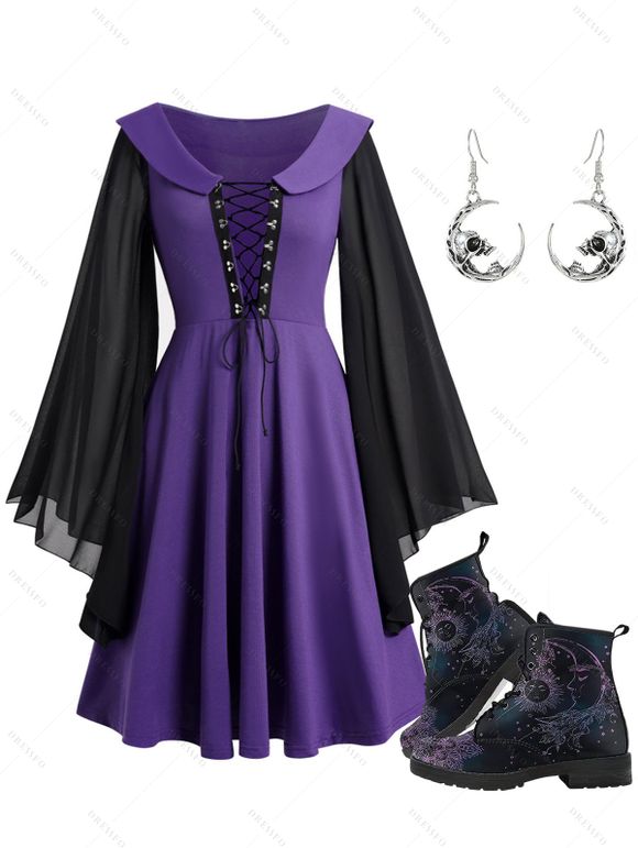 Gothic Chiffon Long Sleeve Mini Dress and Lace Up Thick Heels Boots Skull Moon Earrings Outfit - Concorde S | US 4