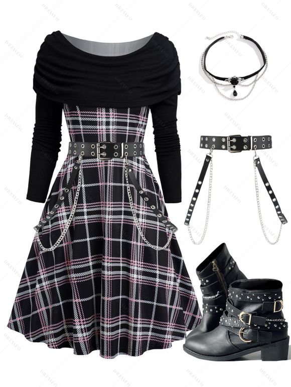 Plaid Print Off the Shoulder Cinched Dress and Zip Up Chunky Boots Embellishment Buckle Belt Faux Crystal Necklace Outfit - Noir S | US 4