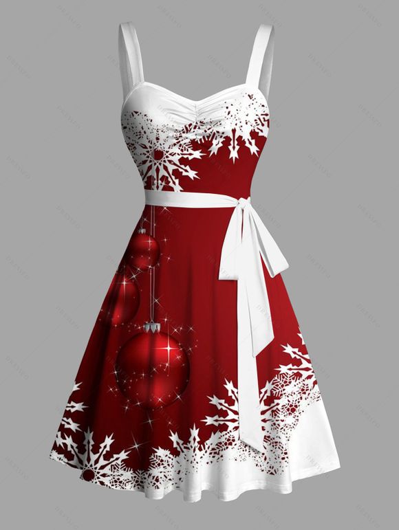 Robe de Soirée Volantée Imprimé Flocon de Neige et Clochette de Noël - Rouge XXXXXL | US 20